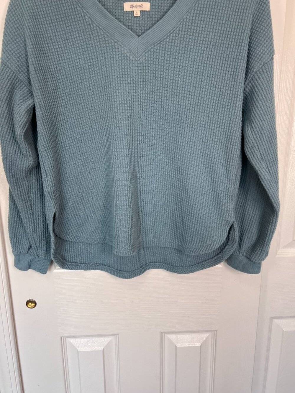 Madewell Spin Waffle Knit Long Sleeve V-Neck Thermal Top Blue Size S - Picture 3 of 5